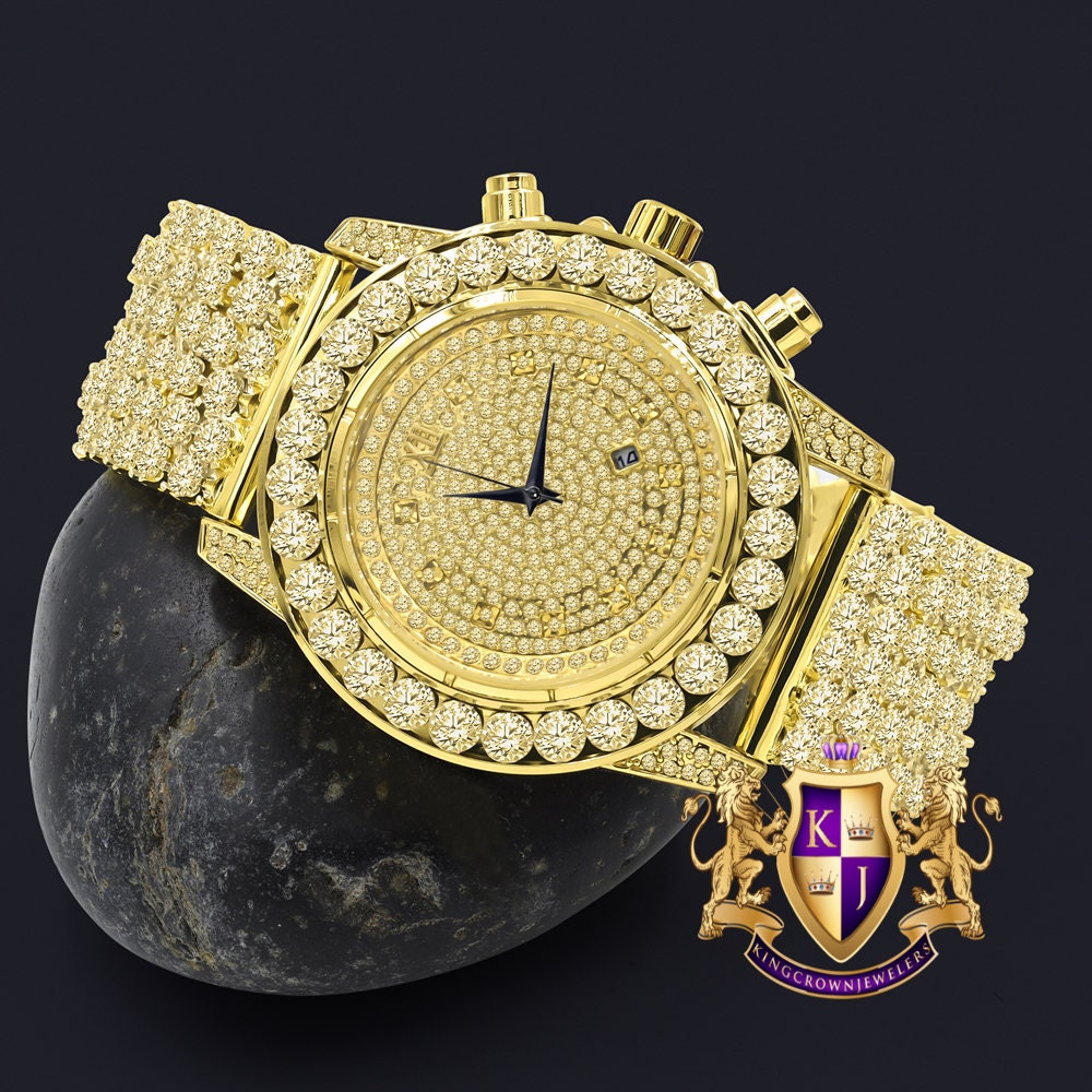 Canary Citrine Fully Iced 18k Gold Finish Simulated Diamond Custom Band Men's Luxury Watch 48mm W/Date