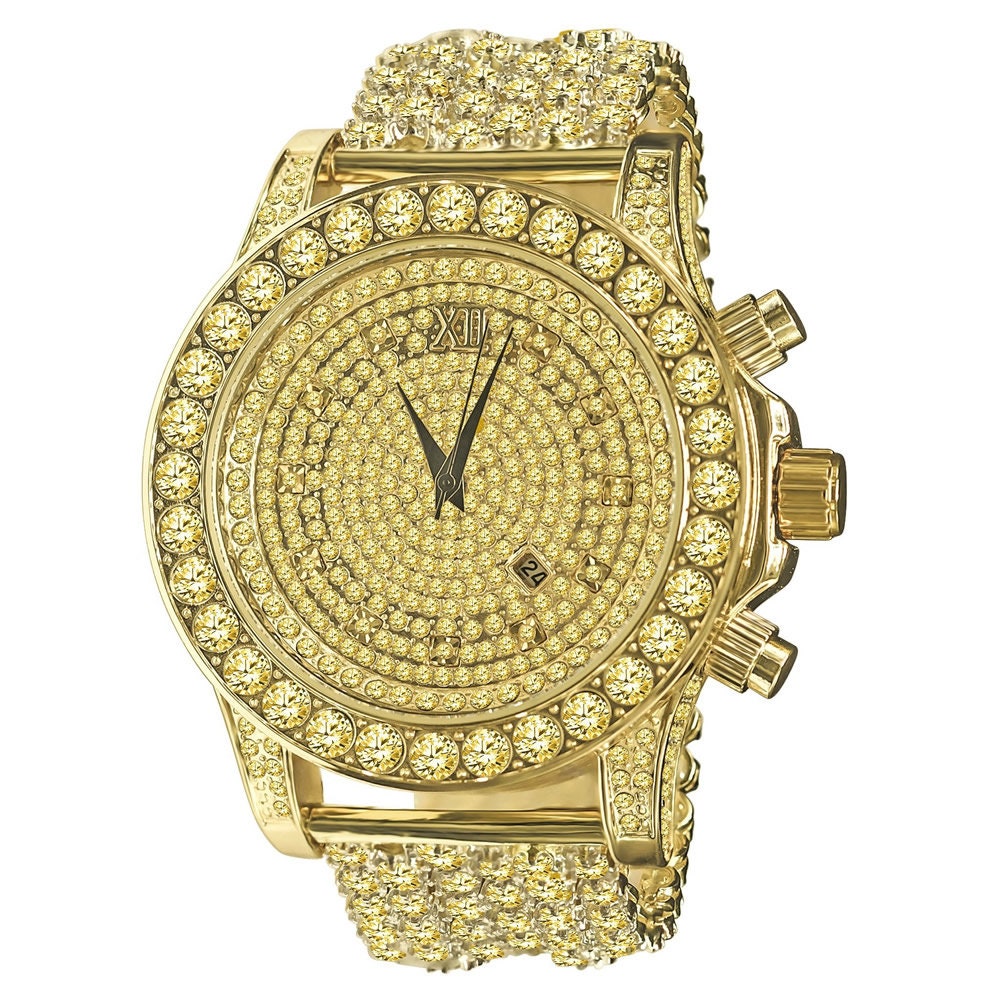 Canary Citrine Fully Iced 18k Gold Finish Simulated Diamond Custom Band Men's Luxury Watch 48mm W/Date