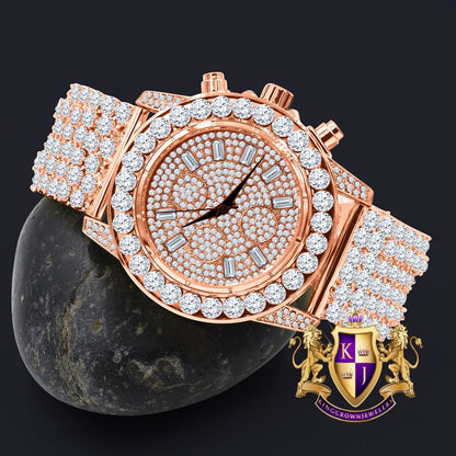Men's 18k Rose Gold Finish Simulated Diamond Custom Band Luxury Iced Watch 48mm W/Date