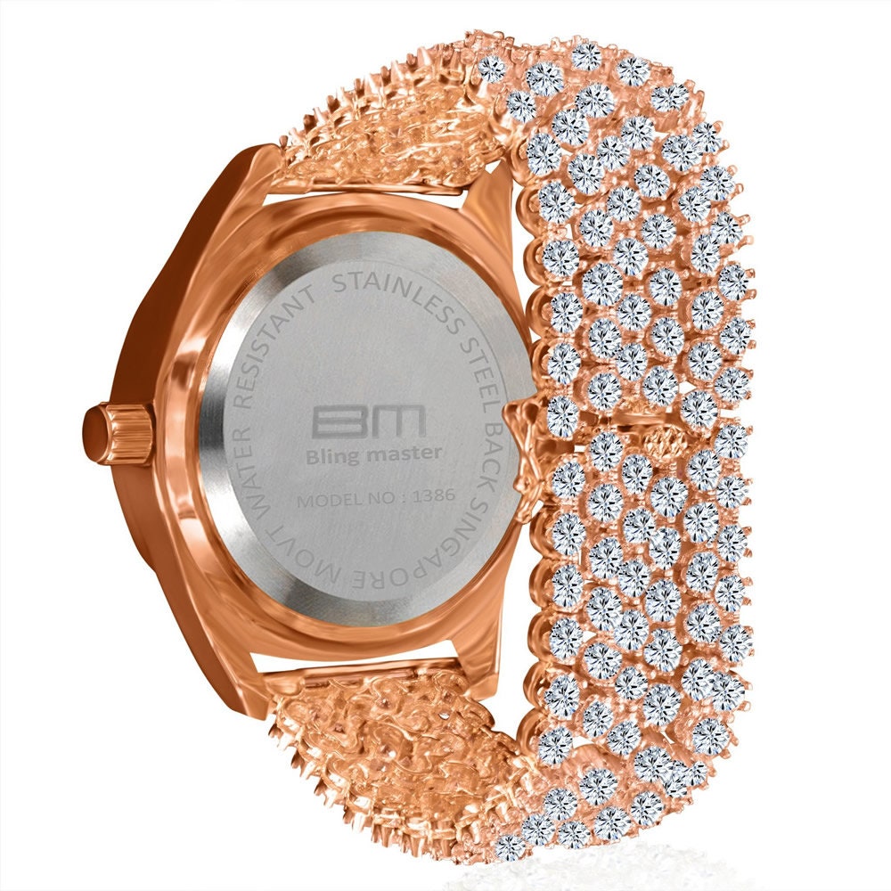 Men's 18k Rose Gold Finish Simulated Diamond Custom Band Luxury Iced Watch 48mm W/Date