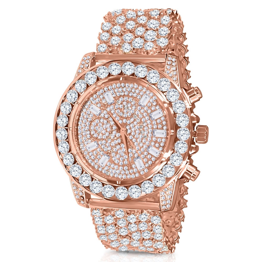 Men's 18k Rose Gold Finish Simulated Diamond Custom Band Luxury Iced Watch 48mm W/Date