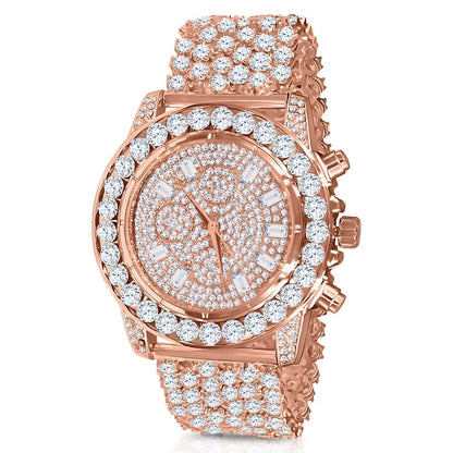 Men's 18k Rose Gold Finish Simulated Diamond Custom Band Luxury Iced Watch 48mm W/Date