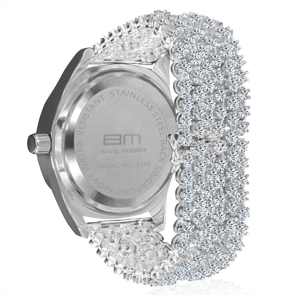 Men's 18k White Gold Finish Simulated Diamond Custom Band Luxury Iced Watch 48mm W/Date