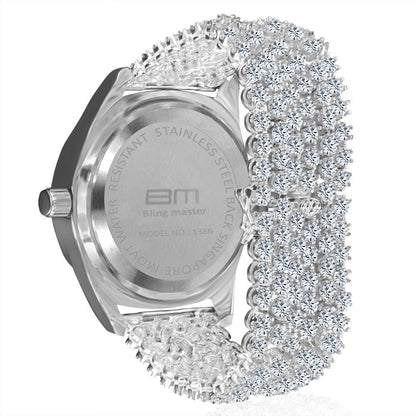 Men's 18k White Gold Finish Simulated Diamond Custom Band Luxury Iced Watch 48mm W/Date