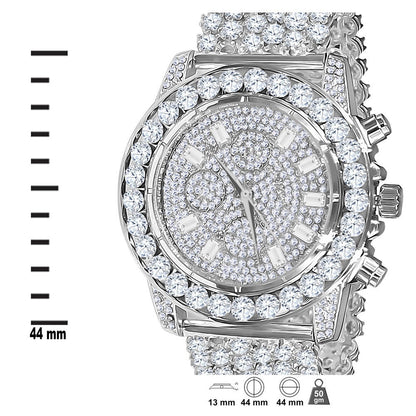 Men's 18k White Gold Finish Simulated Diamond Custom Band Luxury Iced Watch 48mm W/Date