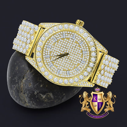 Men's 18k Yellow Gold Finish Simulated Diamond Custom Band Luxury Iced Watch 48mm W/Date