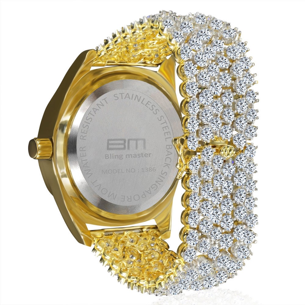Men's 18k Yellow Gold Finish Simulated Diamond Custom Band Luxury Iced Watch 48mm W/Date