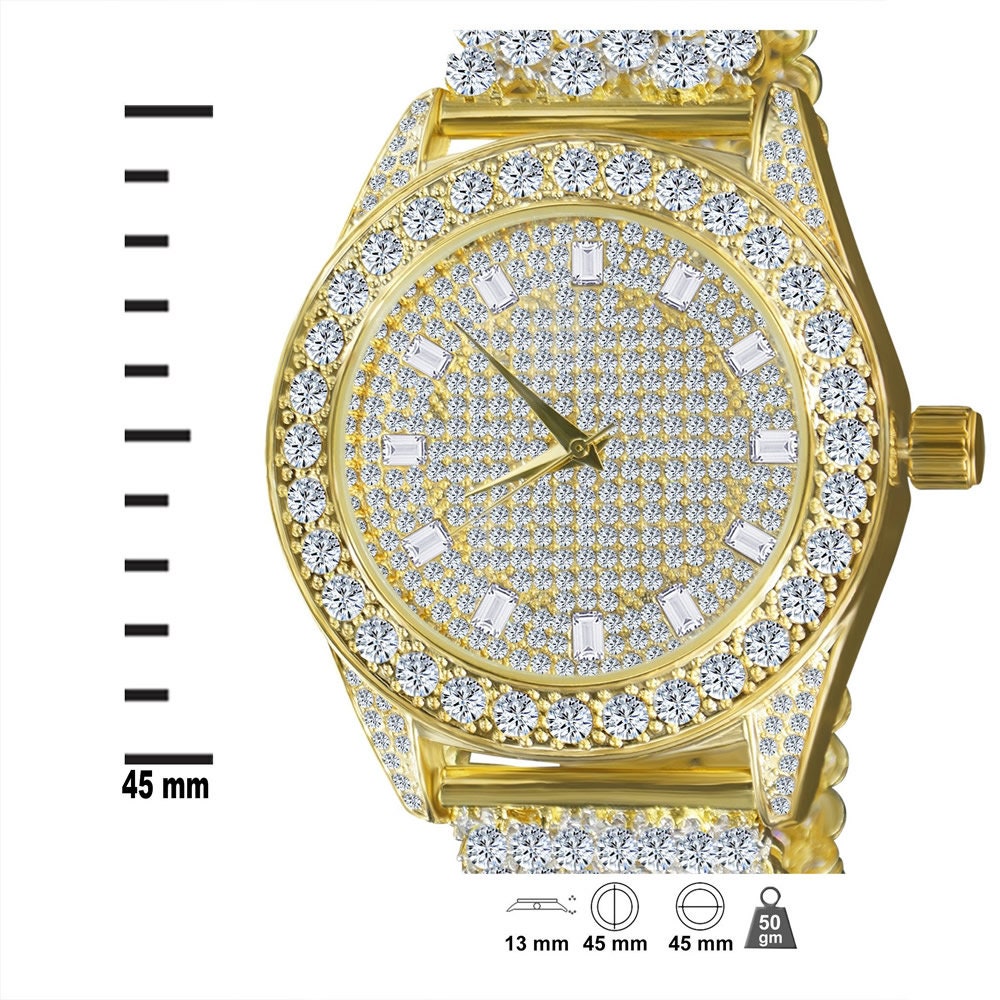 Men's 18k Yellow Gold Finish Simulated Diamond Custom Band Luxury Iced Watch 48mm W/Date