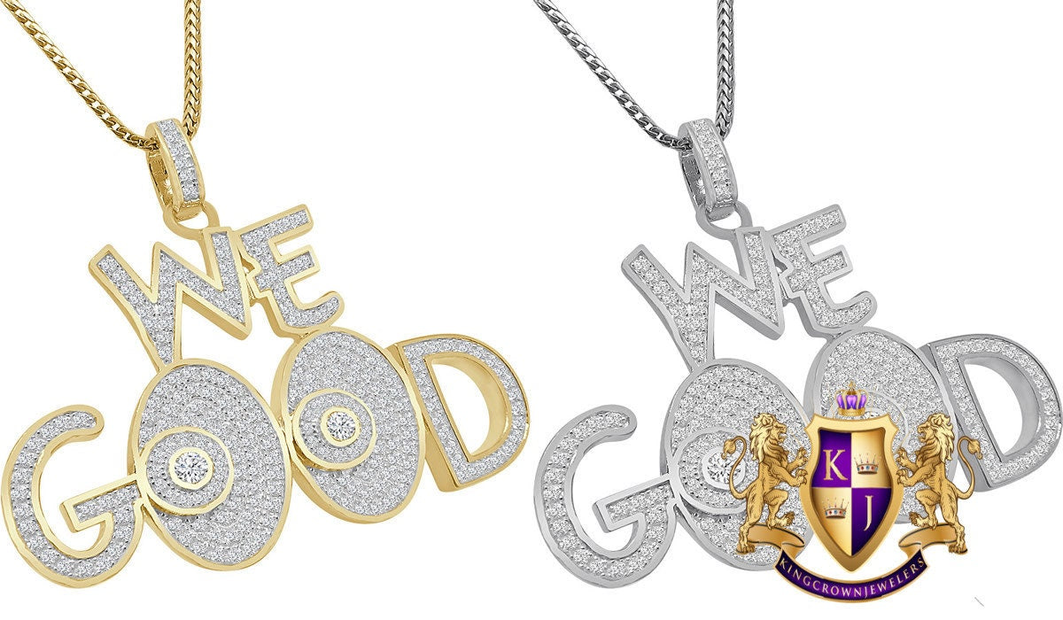 Men's Exclusive Custom Piece Real Sterling Silver Simulated Diamond "WE GOOD" Charm Pendent + Free Chain