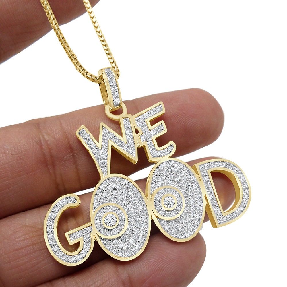 Men's Exclusive Custom Piece Real Sterling Silver Simulated Diamond "WE GOOD" Charm Pendent + Free Chain