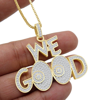 Men's Exclusive Custom Piece Real Sterling Silver Simulated Diamond "WE GOOD" Charm Pendent + Free Chain