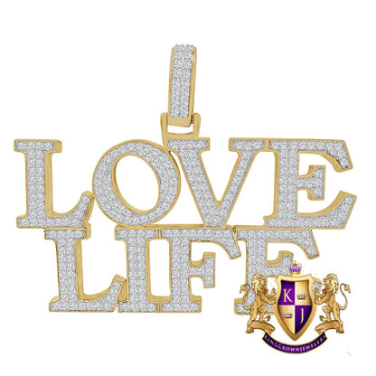 Men's Big Bold Real Yellow Gold Sterling Silver Simulated Diamond Custom Piece "LOVE LIFE" Charm Pendent