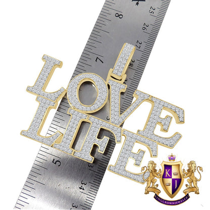 Men's Big Bold Real Yellow Gold Sterling Silver Simulated Diamond Custom Piece "LOVE LIFE" Charm Pendent