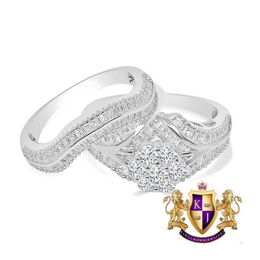 2.25 Cwt. Baguette/Round Cut Simulated Diamond 14K White Gold On Genuine Italian Silver Ladies Bridal Wedding Engagement 2 Piece Rings Set