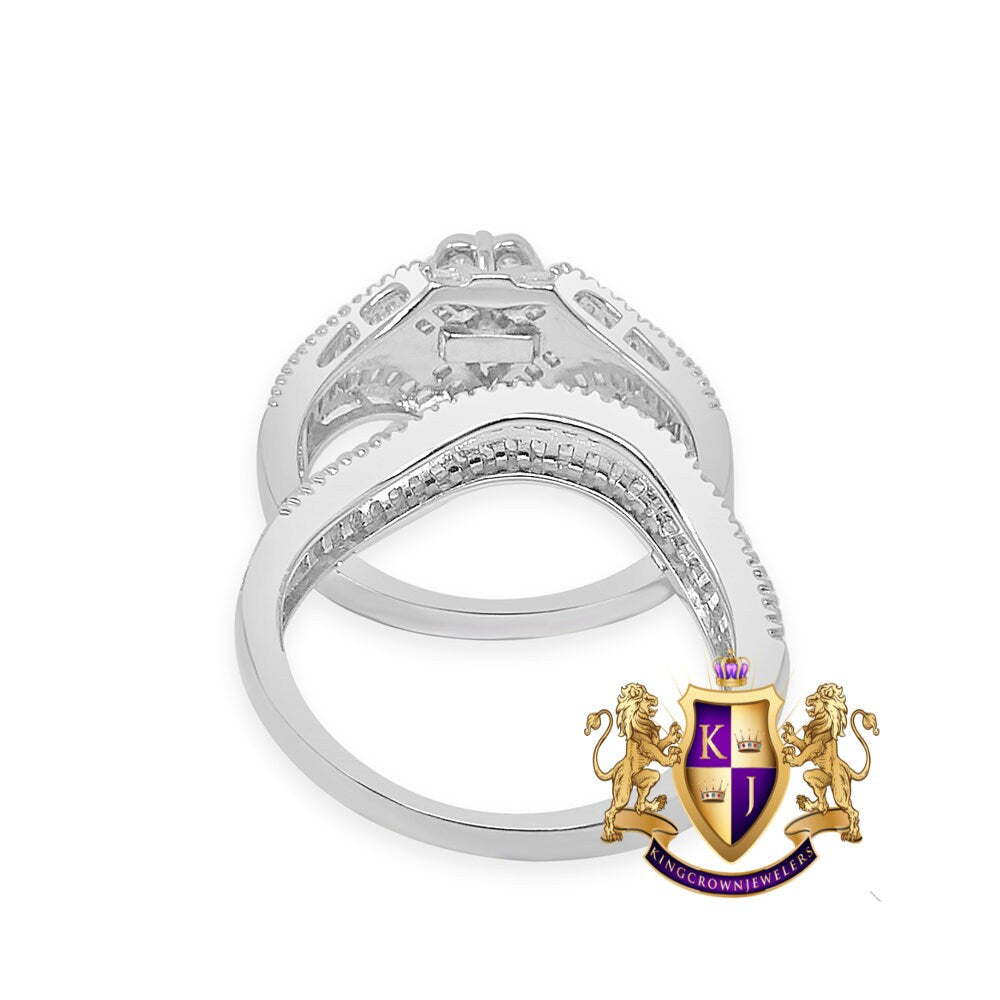 2.25 Cwt. Baguette/Round Cut Simulated Diamond 14K White Gold On Genuine Italian Silver Ladies Bridal Wedding Engagement 2 Piece Rings Set