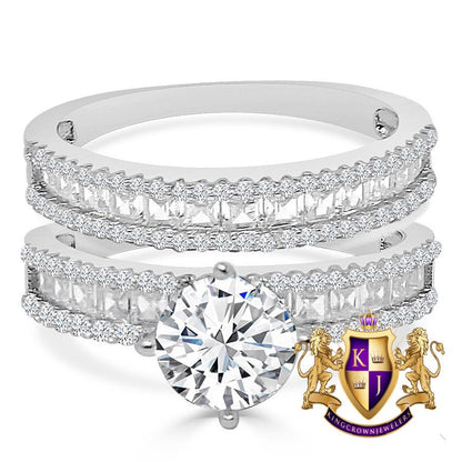 3 Cwt. Baguette/Round Cut Simulated Diamond 14K White Gold On Genuine Italian Silver Ladies Bridal Wedding Engagement 2 Piece Rings Set