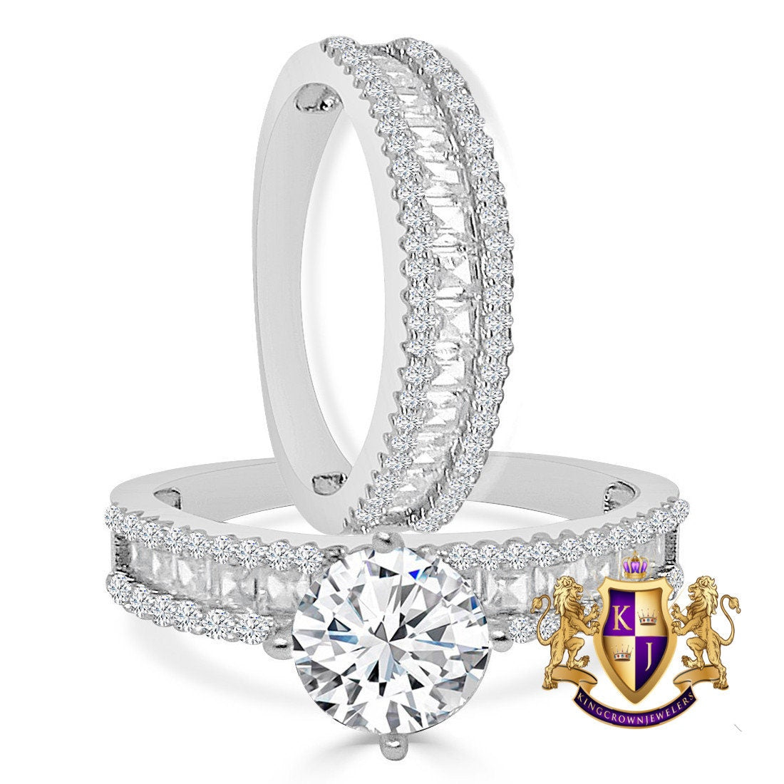 3 Cwt. Baguette/Round Cut Simulated Diamond 14K White Gold On Genuine Italian Silver Ladies Bridal Wedding Engagement 2 Piece Rings Set