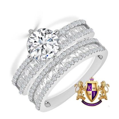 3 Cwt. Baguette/Round Cut Simulated Diamond 14K White Gold On Genuine Italian Silver Ladies Bridal Wedding Engagement 2 Piece Rings Set