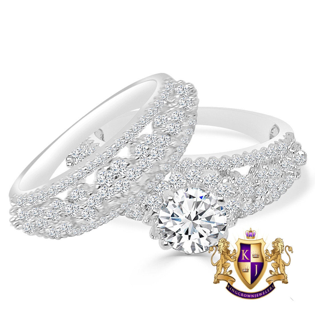 Solitaire 2.25 Cwt. Round Cut Simulated Diamond 14K White Gold On Genuine Italian Silver Ladies Bridal Wedding Engagement 2 Piece Rings Set
