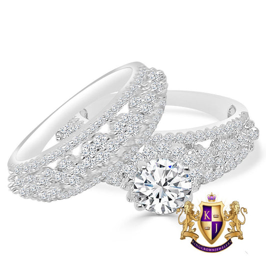 Solitaire 2.25 Cwt. Round Cut Simulated Diamond 14K White Gold On Genuine Italian Silver Ladies Bridal Wedding Engagement 2 Piece Rings Set