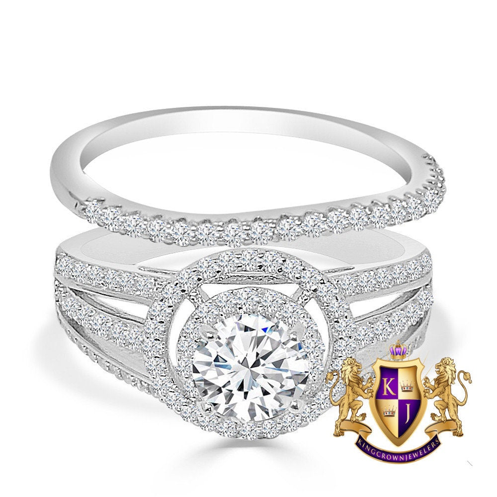 2 Piece Rings Set Solitaire 3.00 Cwt. Round Cut Simulated Diamond 14K White Gold On Italian Silver Ladies Bridal Wedding Engagement Band
