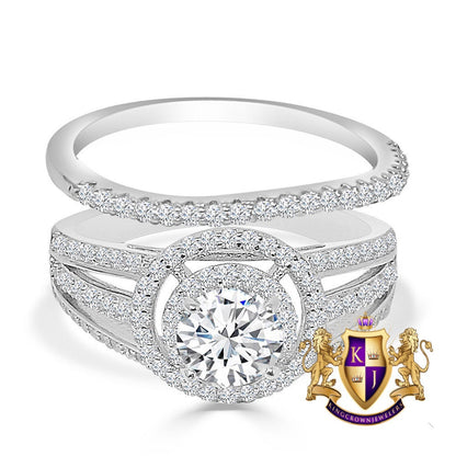 2 Piece Rings Set Solitaire 3.00 Cwt. Round Cut Simulated Diamond 14K White Gold On Italian Silver Ladies Bridal Wedding Engagement Band