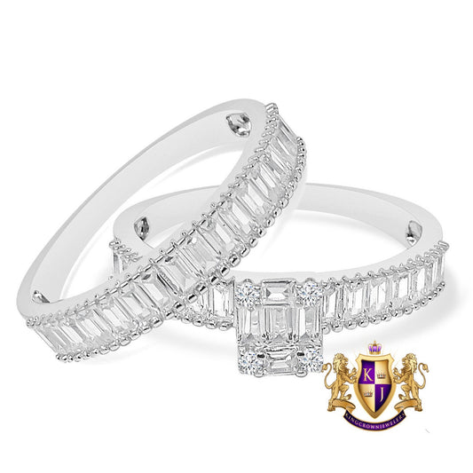 Real Silver Baguette/Round Cut Simulated Diamond 14K White Gold Over Ladies Wedding Engagement 2 Piece Bridal Rings Set 3 Cwt.