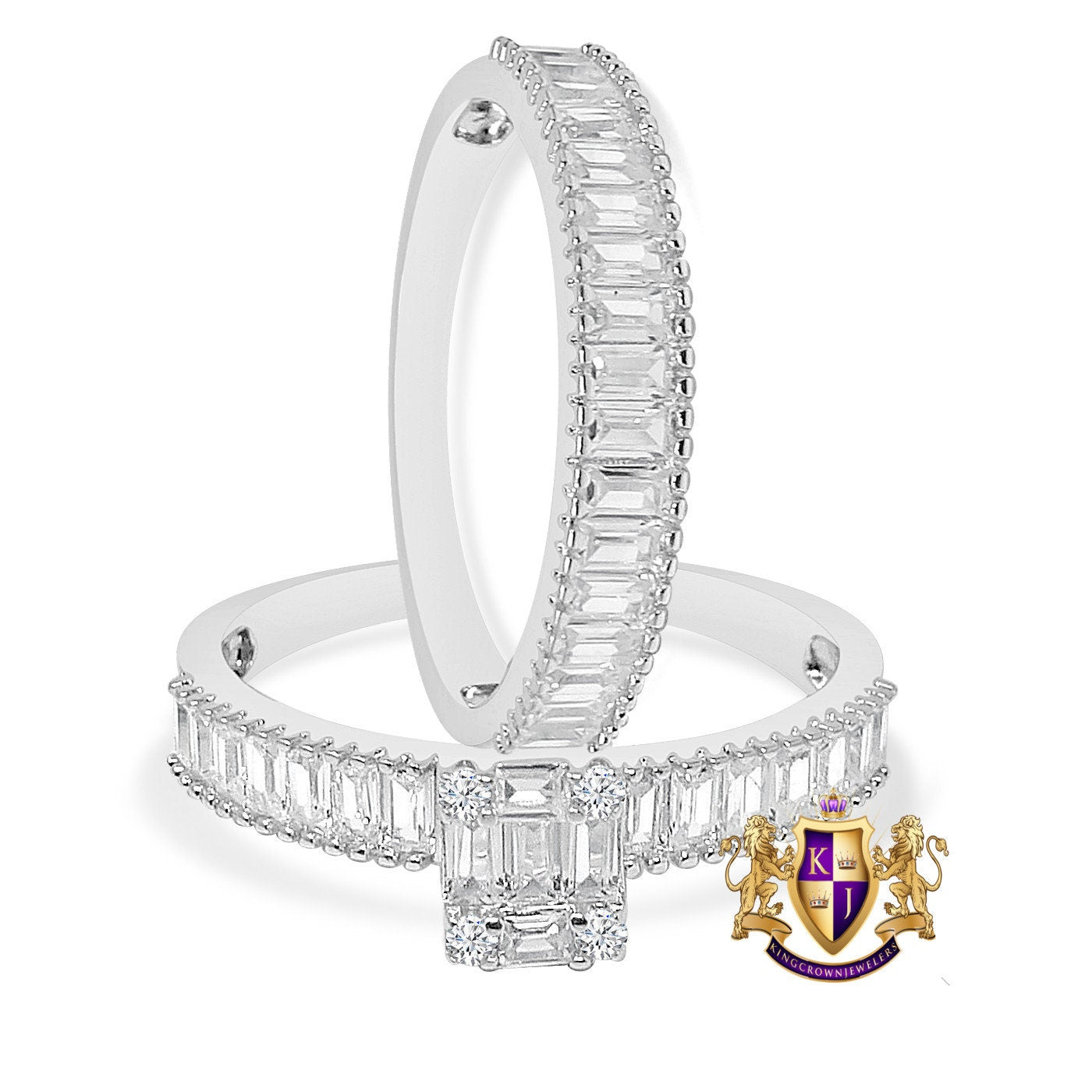 Real Silver Baguette/Round Cut Simulated Diamond 14K White Gold Over Ladies Wedding Engagement 2 Piece Bridal Rings Set 3 Cwt.