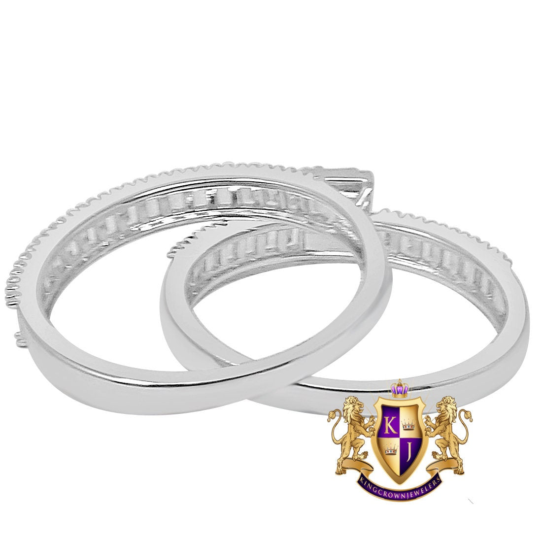 Real Silver Baguette/Round Cut Simulated Diamond 14K White Gold Over Ladies Wedding Engagement 2 Piece Bridal Rings Set 3 Cwt.