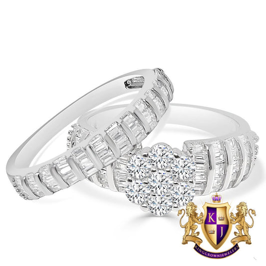 14K White Gold On Sterling Silver Ladies Bridal Wedding Engagement 2 Piece Rings Set Solitaire 3.00 Cwt. Round Cut Simulated Diamond Band