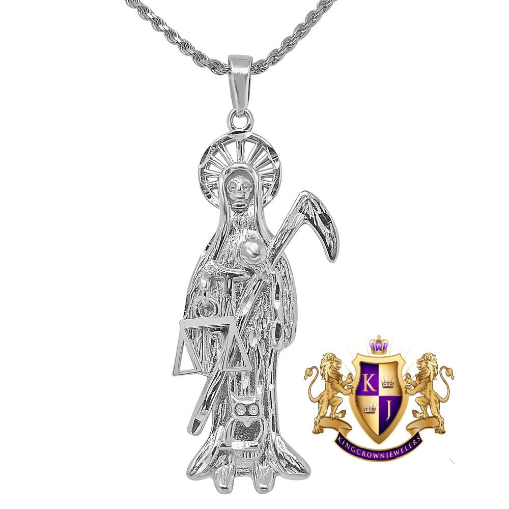 Real Genuine Sterling Silver 14K Gold Over Santa Muerte Grim Reaper Angel of Death Pendent Charm 2.25''