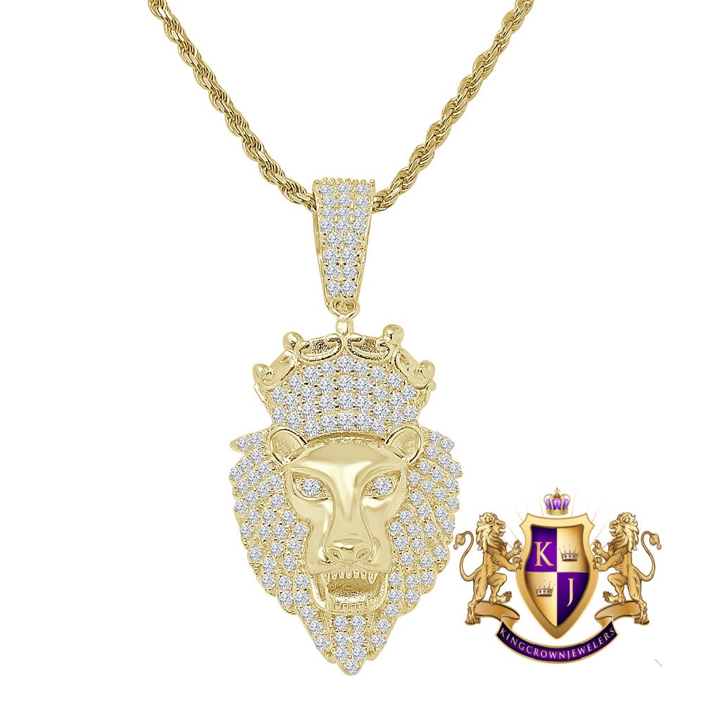 Real Sterling Silver Men's 14K Gold Finish Simulated Diamond Lion King Head Charm Crown Pendent + Rope Chain