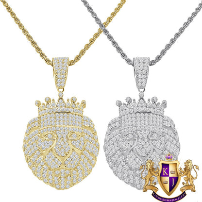 Genuine Sterling Silver Men's 14K Gold Finish Simulated Diamond Lion King Head Charm Crown Pendent + Rope Chain