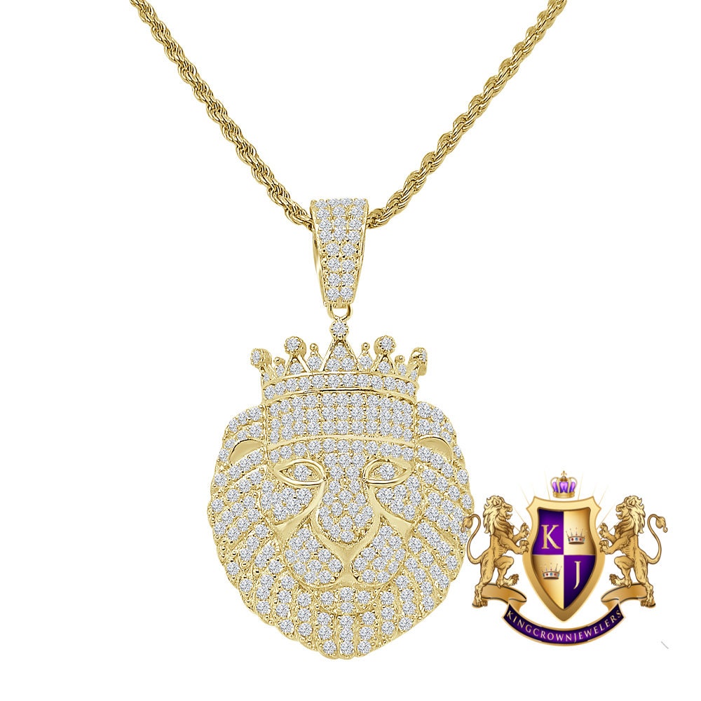 Genuine Sterling Silver Men's 14K Gold Finish Simulated Diamond Lion King Head Charm Crown Pendent + Rope Chain