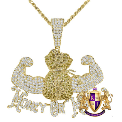Custom Piece 14K Gold Over Simulated Diamond Money Power Flexing Dollar Bag Custom Designer Pendant Charm Chain Set