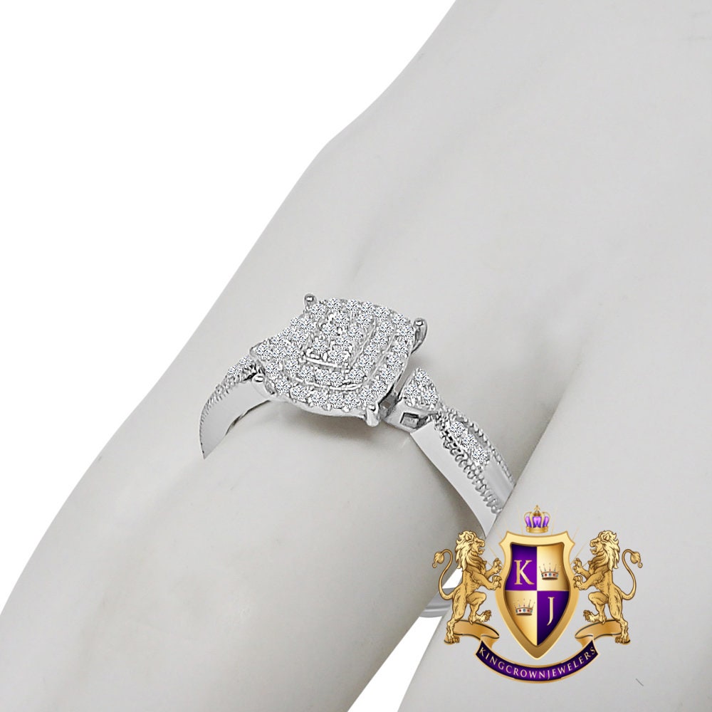 Ladies Women's Real Sterling Silver 10K White Gold Over Simulated Diamond Engagement Bridal Ring Band 1.00 Cwt.