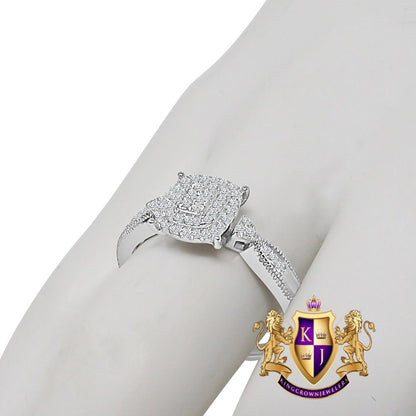 Ladies Women's Real Sterling Silver 10K White Gold Over Simulated Diamond Engagement Bridal Ring Band 1.00 Cwt.