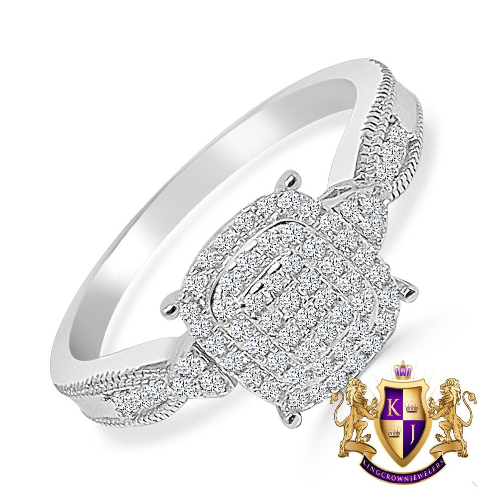Ladies Women's Real Sterling Silver 10K White Gold Over Simulated Diamond Engagement Bridal Ring Band 1.00 Cwt.