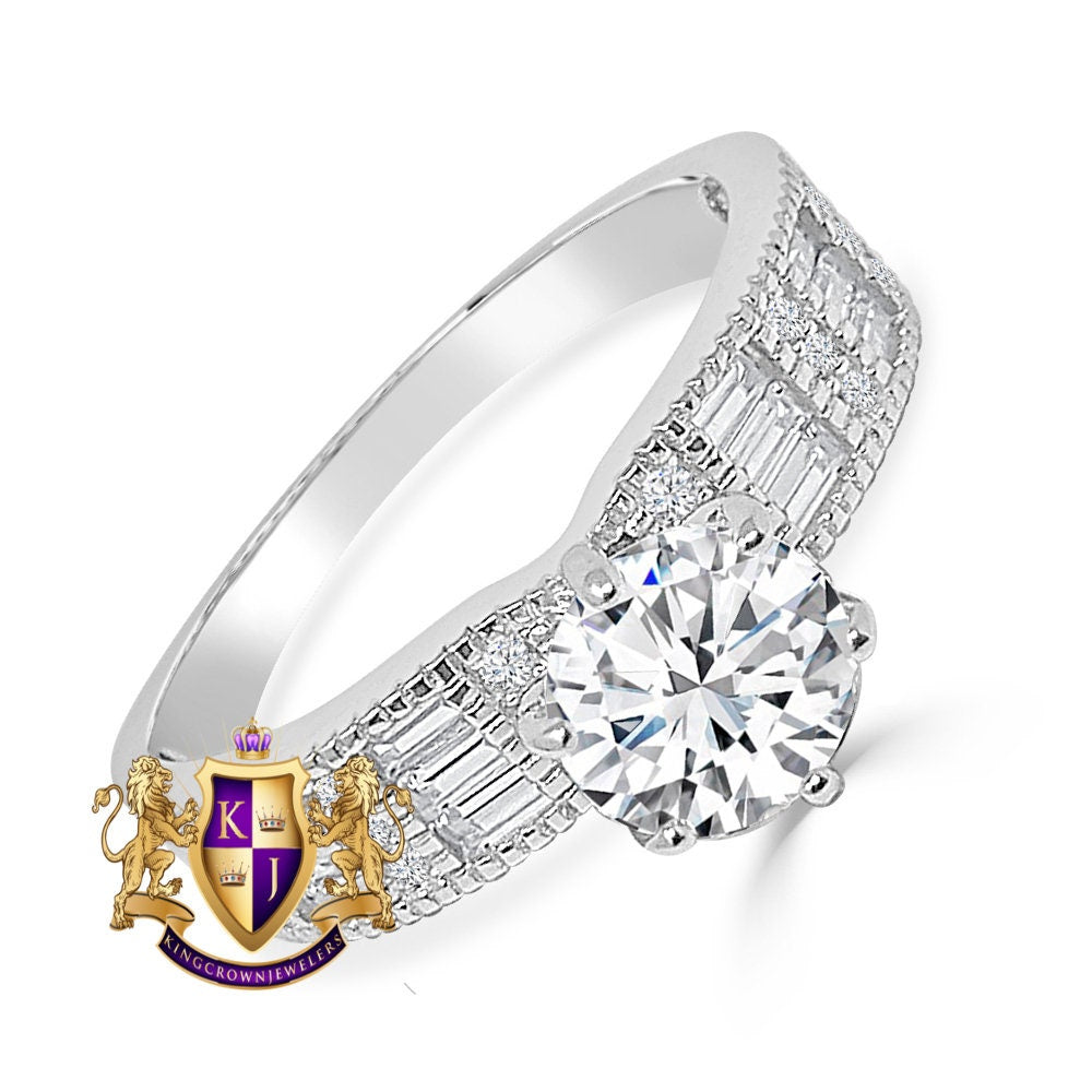 Solitaire Baguette Bridal Ring Real Sterling Silver 10K White Gold Over Simulated Diamond Ladies Engagement Band
