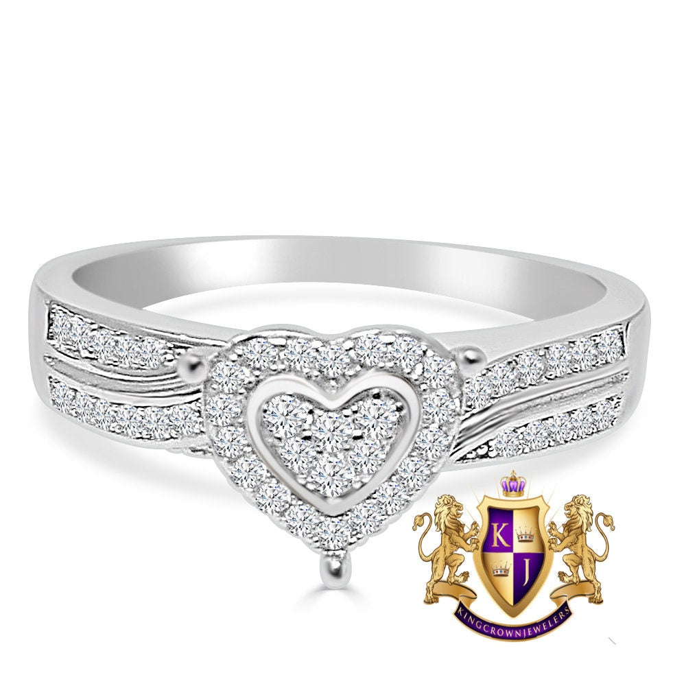 Love Heart Bridal Ring Real Sterling Silver 10K White Gold Over Ladies Engagement Band
