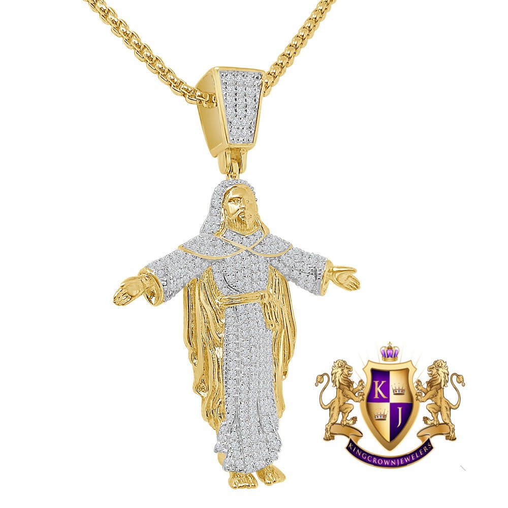 20+ Grams Real Genuine Italian Sterling Silver Simulated Diamond Jesus Face Full Body Charm 2'' 10K Gold Over Pendent Chain Set