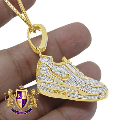 Real Genuine Authentic Diamond 0.33 Cwt. 31+ Grams Designer Shoe Pendant Sneaker 10K Gold Over Unisex Custom Charm Chain Neckless Set 2.10''