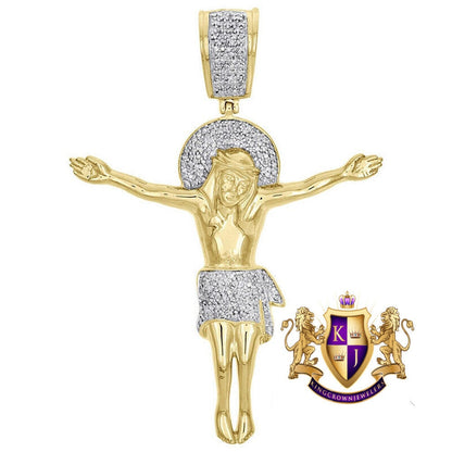 Real Genuine Diamonds Crucifix Holy Jesus Pendant Cross Designer Charm 10K Gold Finish 2.5''