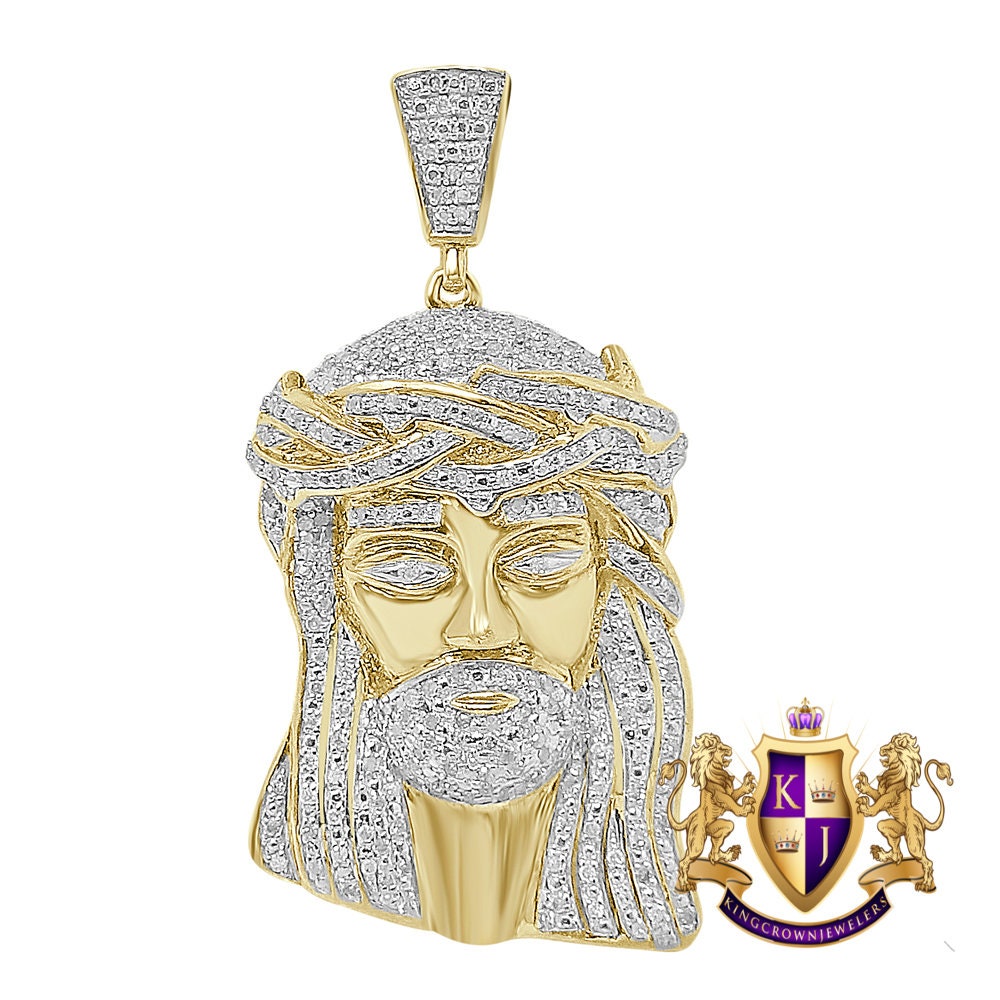 Real Genuine Diamond 1.00 Cwt. Holy Jesus Christ Face Piece Pendent 10K Gold Over Custom Charm 2''