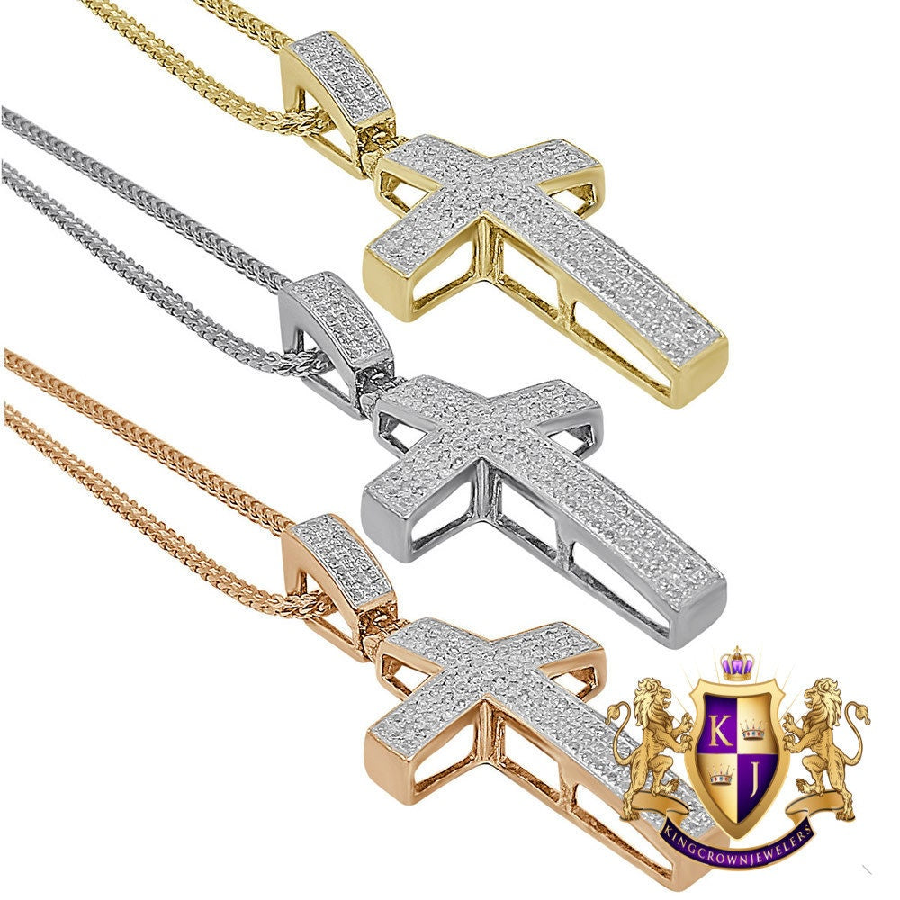 Real Genuine Diamond 0.75 Cwt. Mini Jesus Cross Pendent 10K Gold Over 3D Charm Chain Set 1.40''