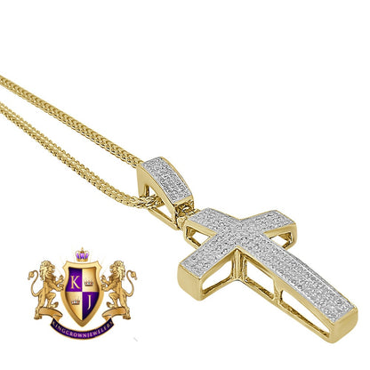 Real Genuine Diamond 0.75 Cwt. Mini Jesus Cross Pendent 10K Gold Over 3D Charm Chain Set 1.40''
