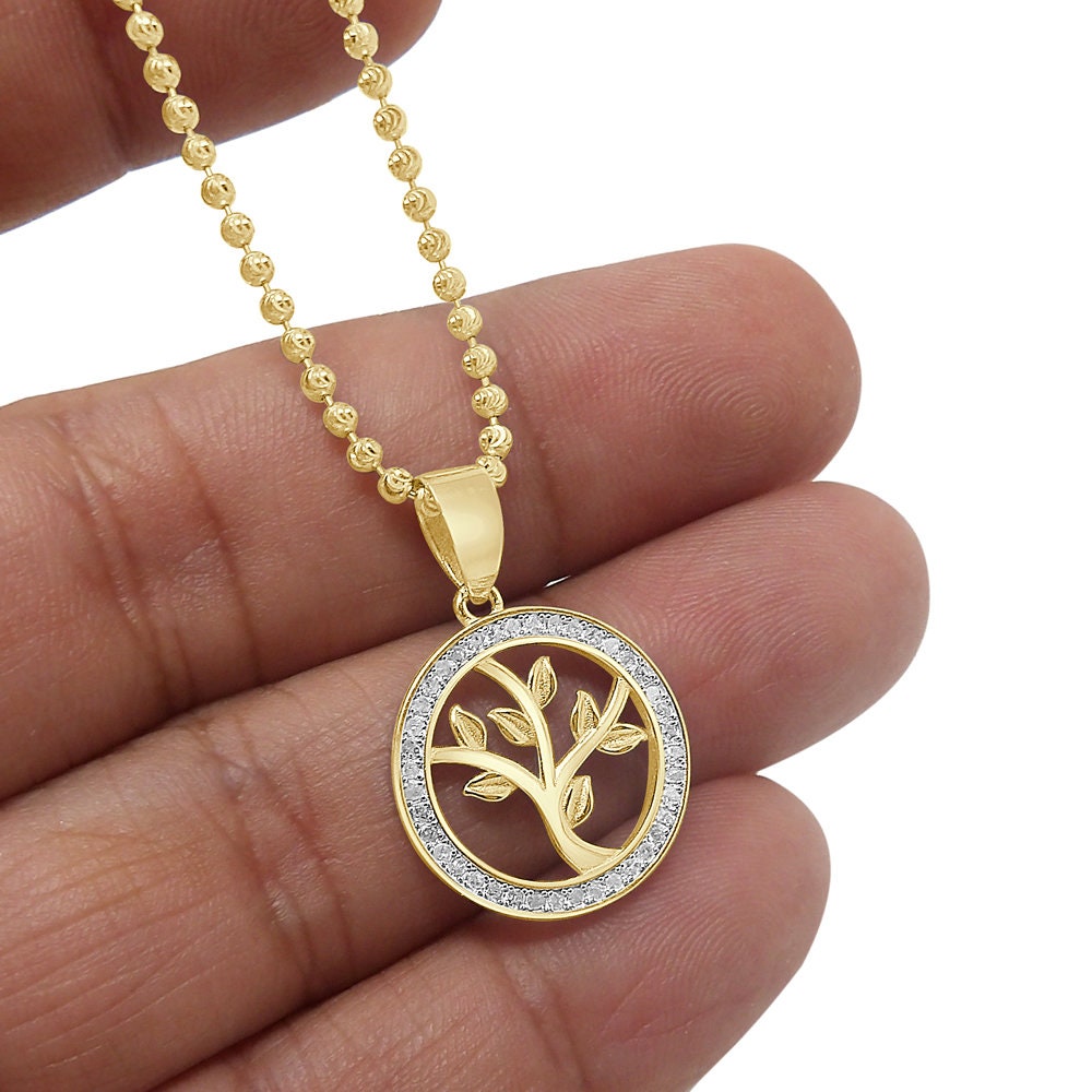 Real Genuine Diamond 10K Gold Finish Money Tree of Life Charm Mini Pendant Chain Neckless Set 1''