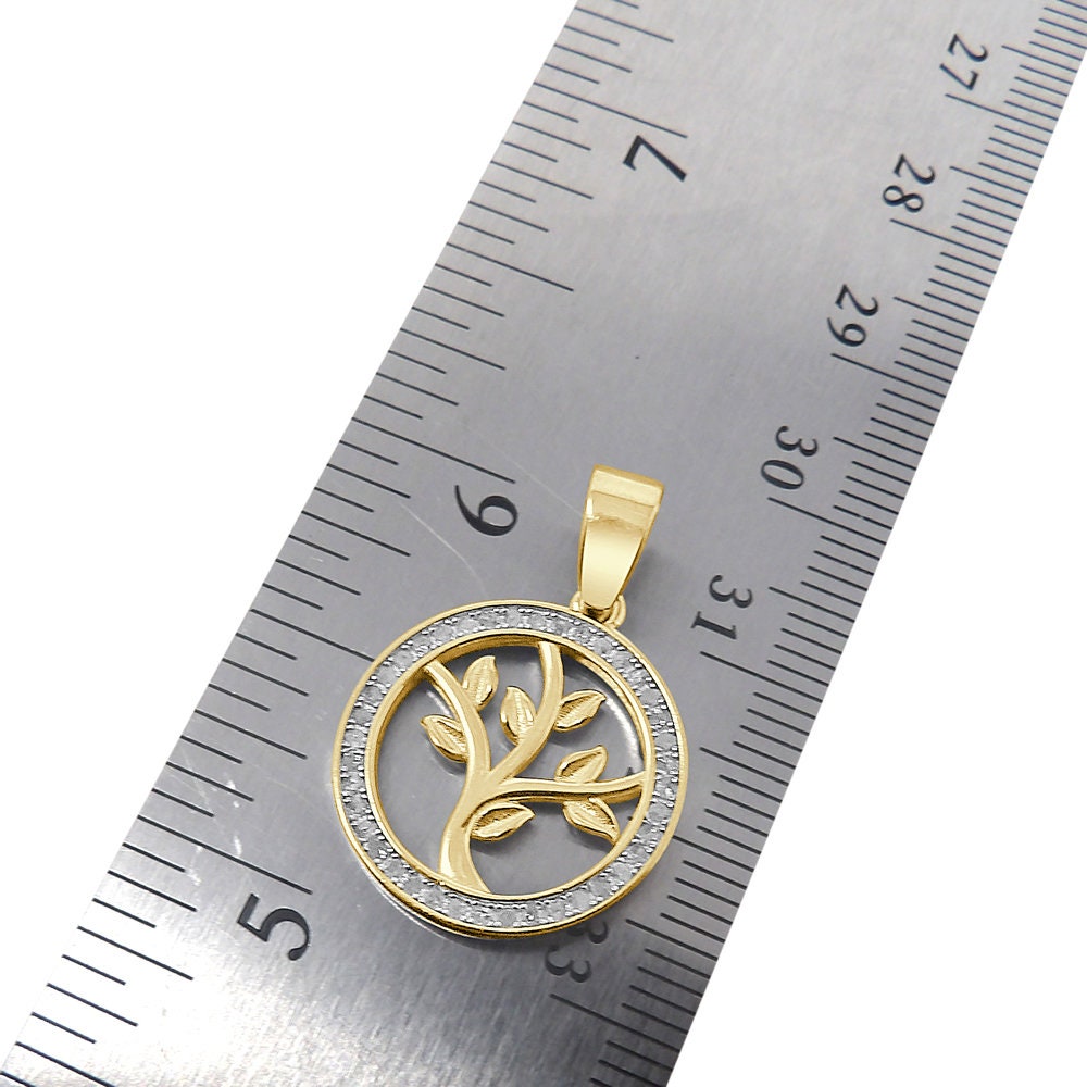 Real Genuine Diamond 10K Gold Finish Money Tree of Life Charm Mini Pendant Chain Neckless Set 1''