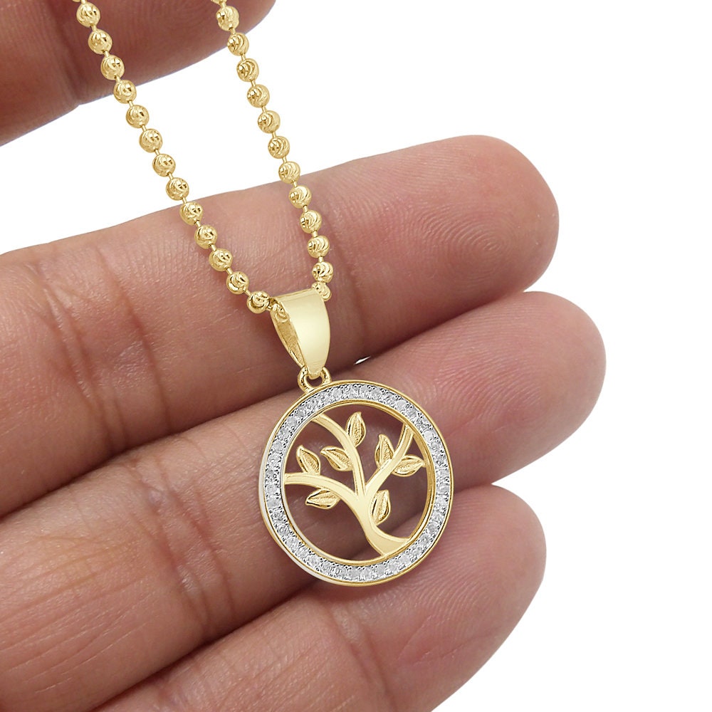 Real Genuine Diamond 10K Gold Finish Money Tree of Life Charm Mini Pendant Chain Neckless Set 1''