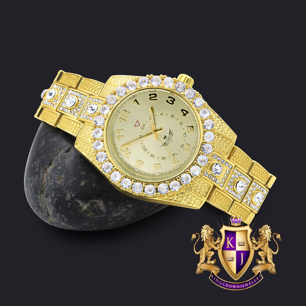 Solitaire 14K Yellow Gold Tone Simulated Diamond Water Resistance Steel Back Metal Band Watch 40mm